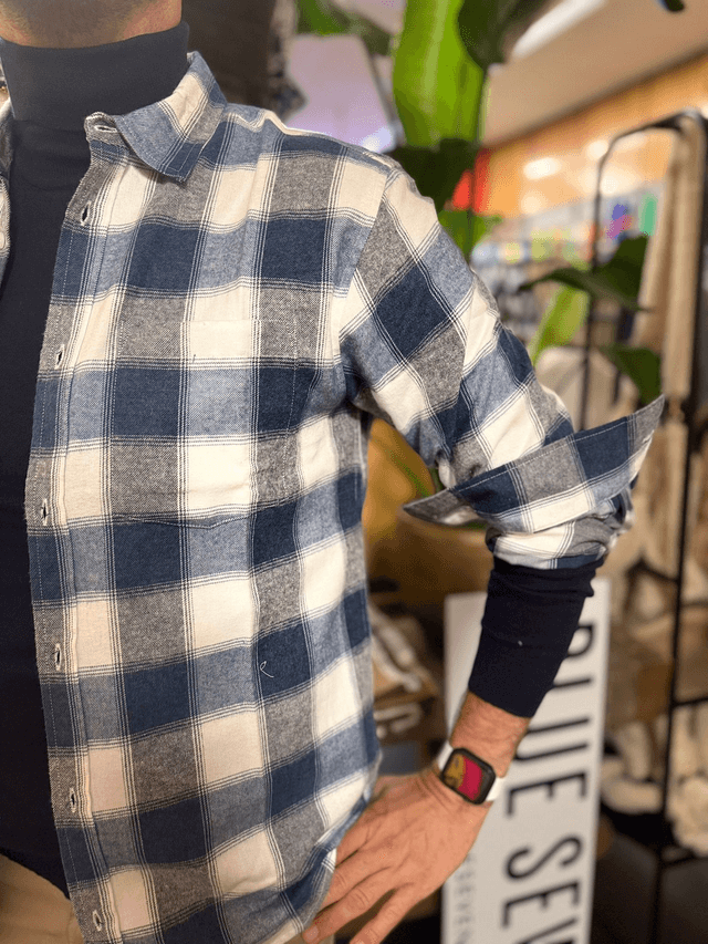Overhemd flanel met blok jeansblauw