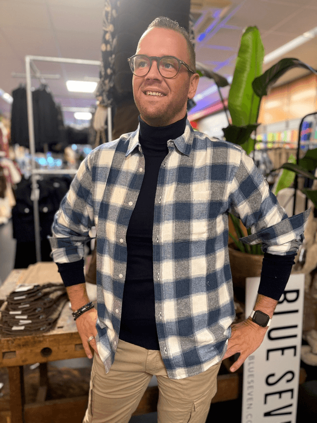 Overhemd flanel met blok jeansblauw